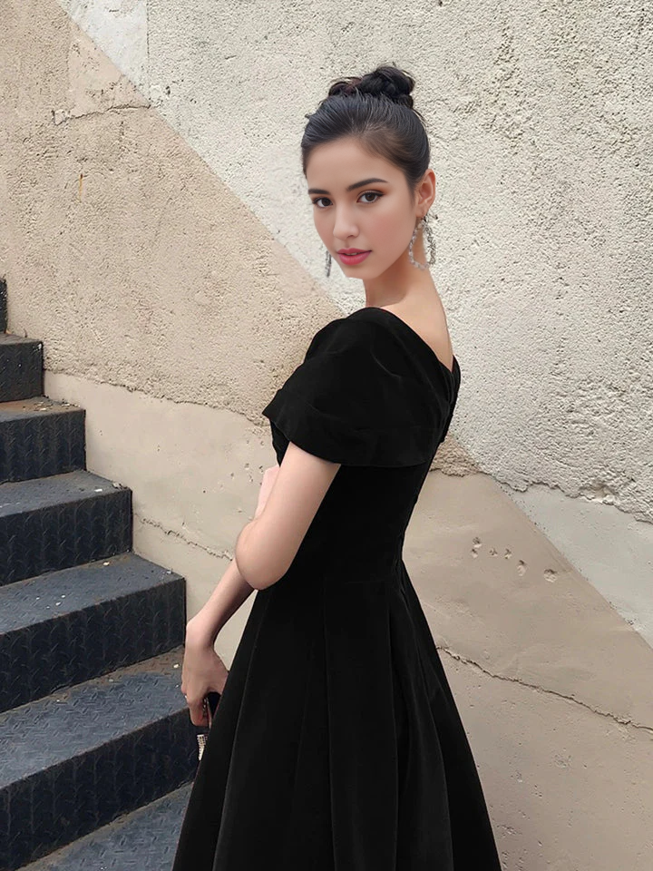 Robes de soirée Weitese, robe de soirée noire en velours à épaules dénudées, longueur genou, robes de bal, robes de soirée, robes de soirée pour femmes